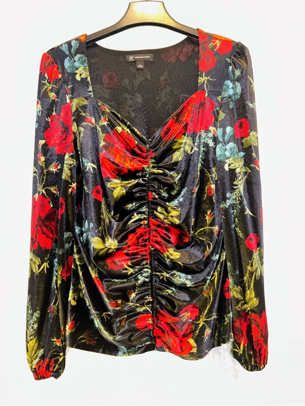 INC International Concepts Black Velvet Long-Sleeve Top with Red Floral Print